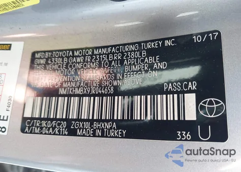 2018 Toyota C-Hr Xle z USA, uszkodzony, nr VIN NMTKHMBX9JR044658